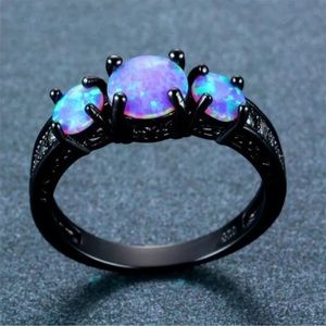 Wave Blue Simulated Opal Cross Ring Black Gold Jewelry